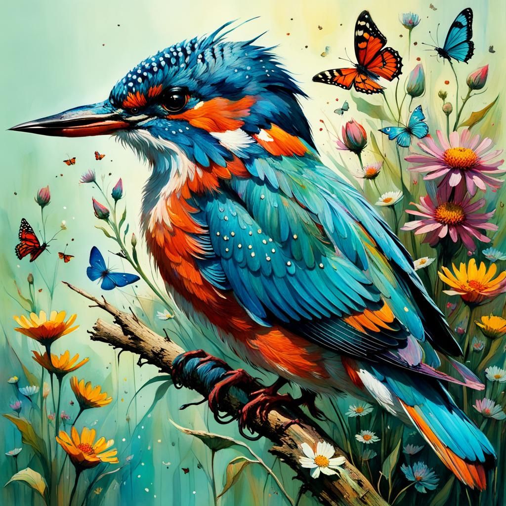beautiful kingfisher with wildflowers and butterflies, by Er...