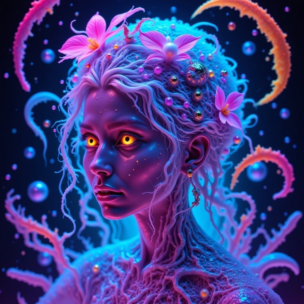 Amazing detailed photorealistic kaleidoscopic blacklight UV light portrait Mood lighting, bokeh magical sparkling colored dust effects beaut...