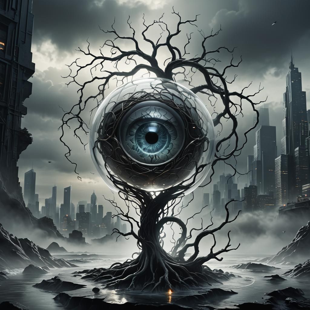 A 3D rendered dark fantasy scene with a central transparent ...