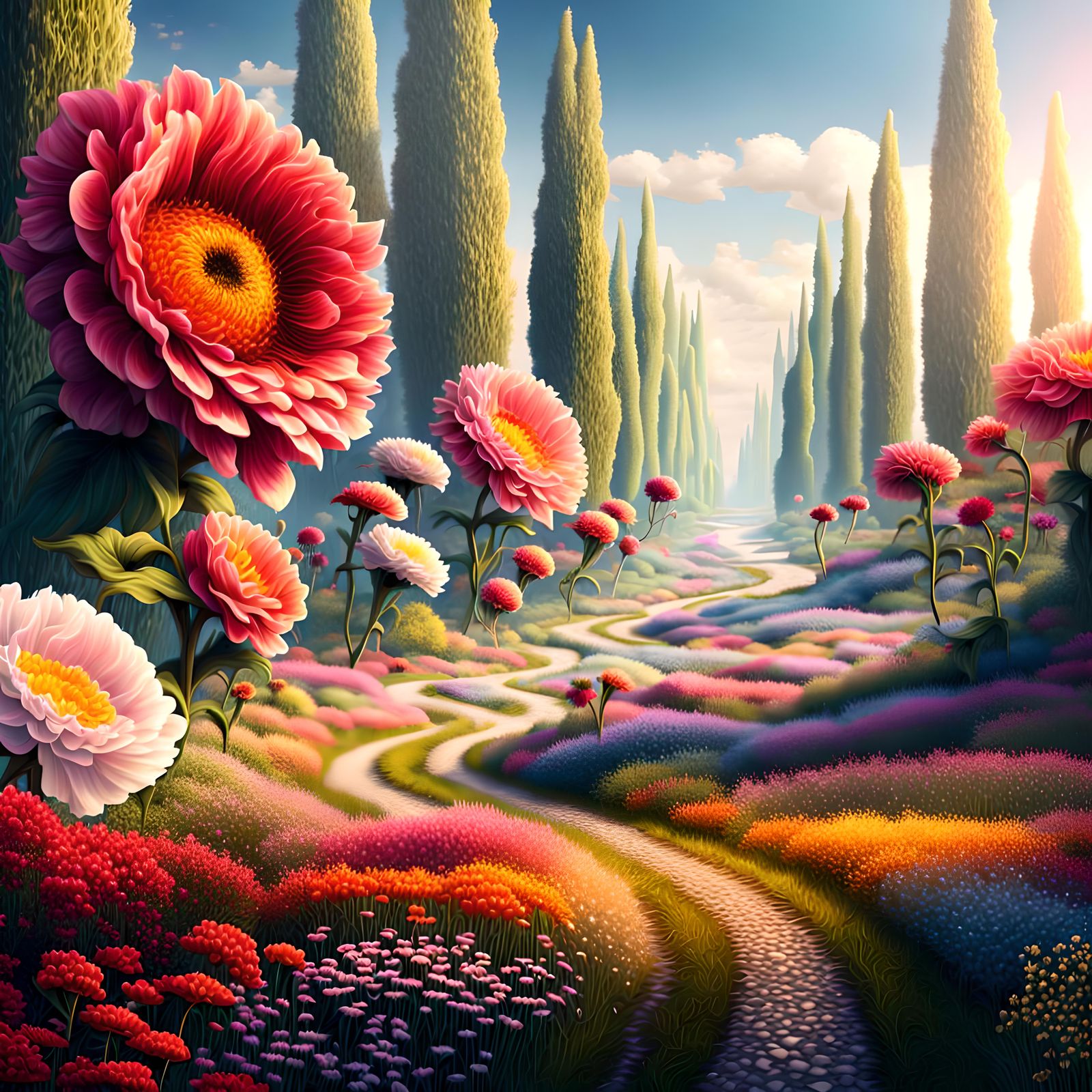 Path curving through a field of giant huge 20 meter tall bri...