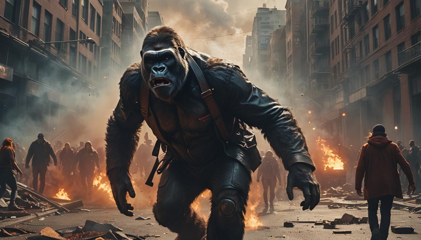 A giant gorilla wearing a leather jacket, rampaging through ...