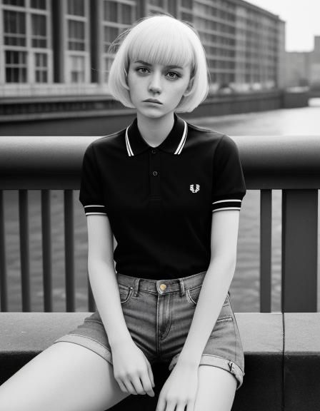 a skinhead Mod woman sitting on a railing, a portrait, by Ju...