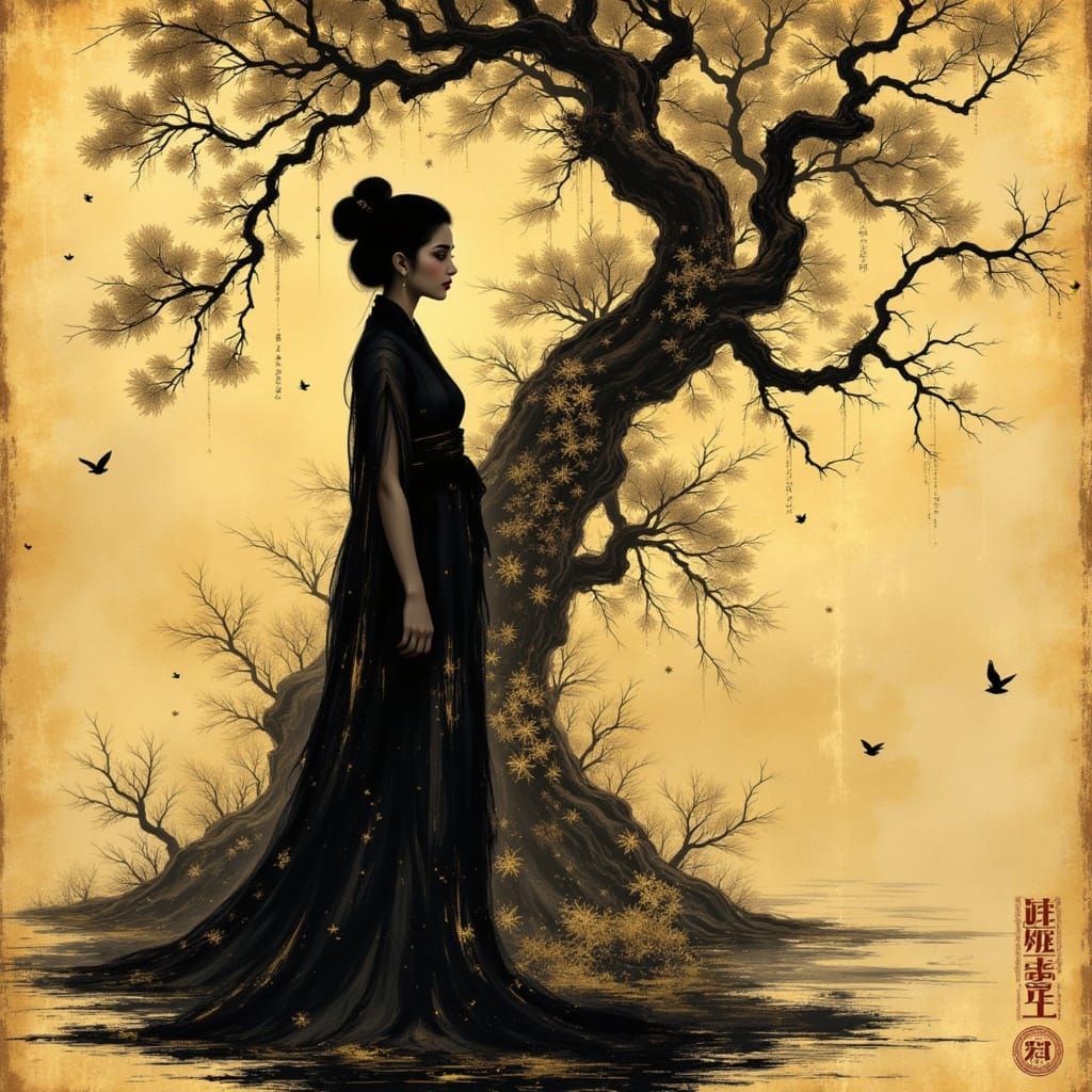 Ink and Gold Woman Under Shimmering Sky