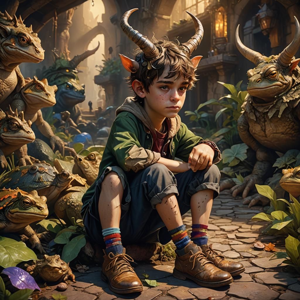 Horned Boy on Toad in Detailed Matte Painting