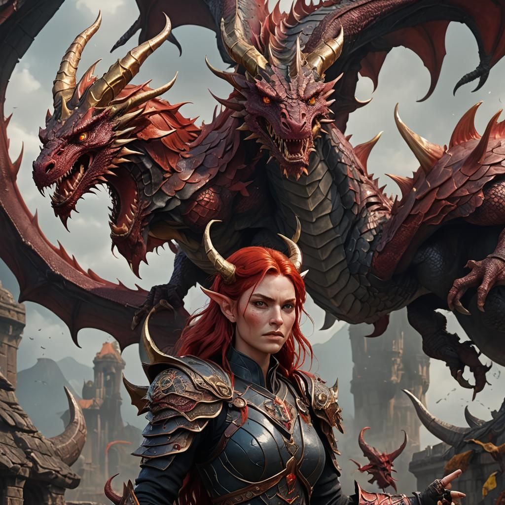Female Rich crimson scales, with a snout, pointy teeth, two ...