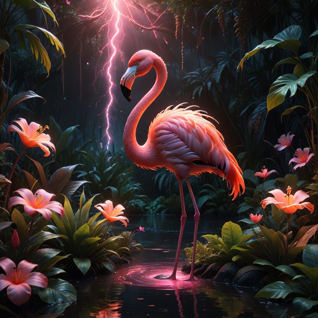Generate a hyper-realistic image of an elegant flamingo standing gracefully, its wings partially spread ...  by @Alex