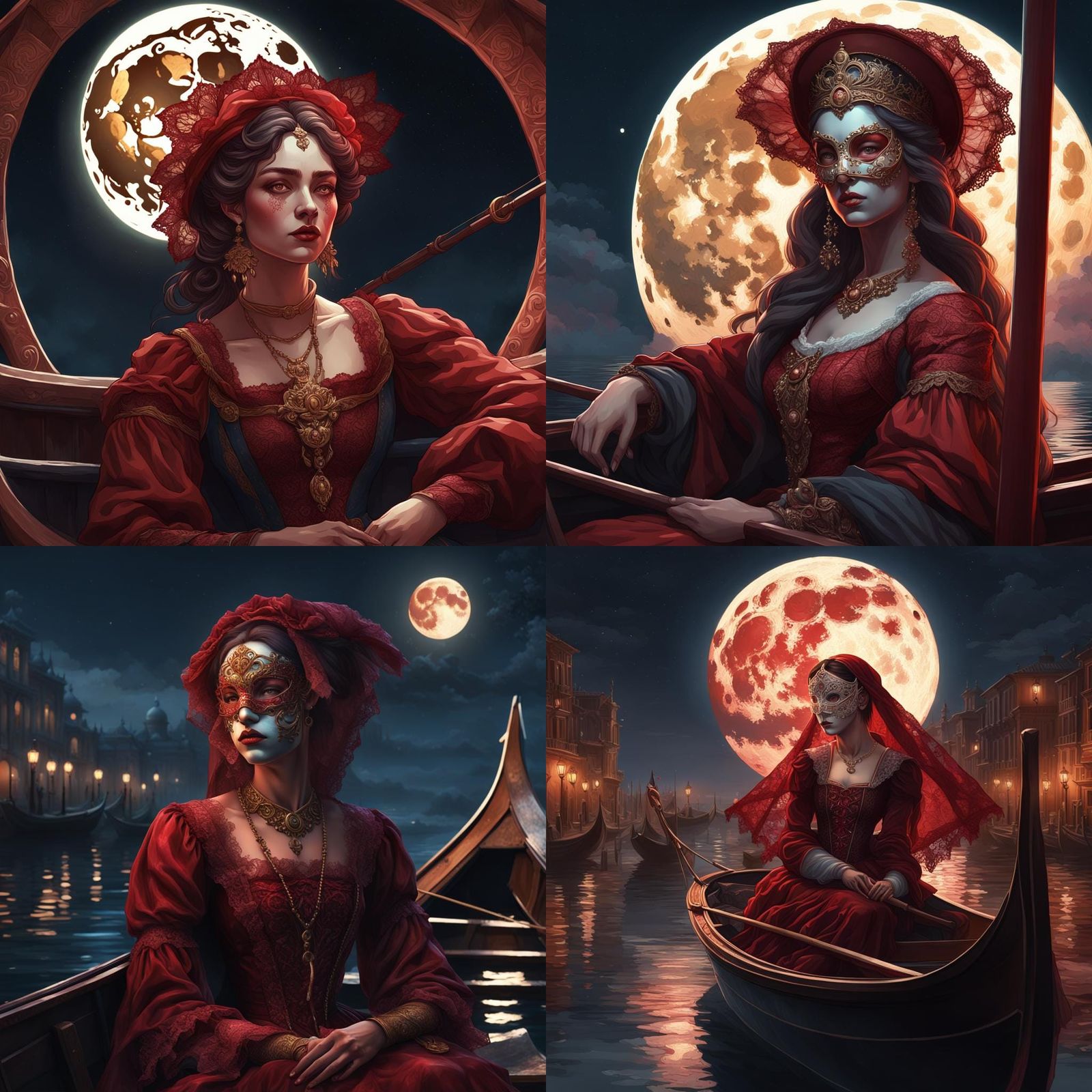 Renaissance woman with dark red lace mask sitting in gondola...