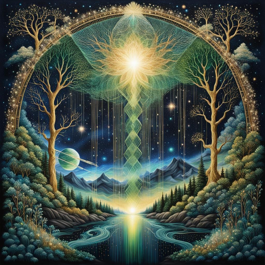 double exposure [a tapestry of Mother Nature weaving gold and green cosmic threads on the warp and blue ...  by @PJs AiArt