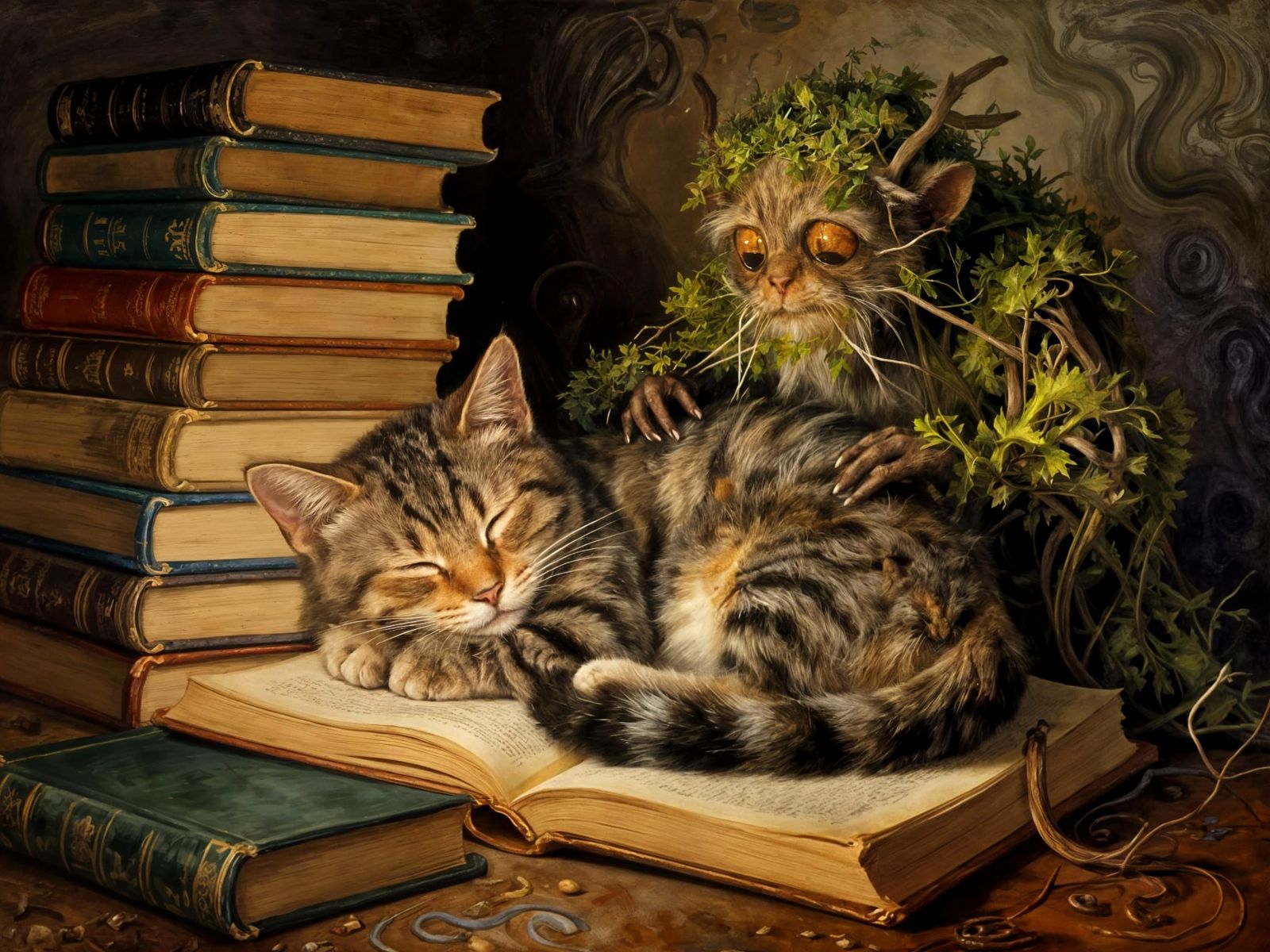 A cat on a magic book summons itself a creature to groom its fur.