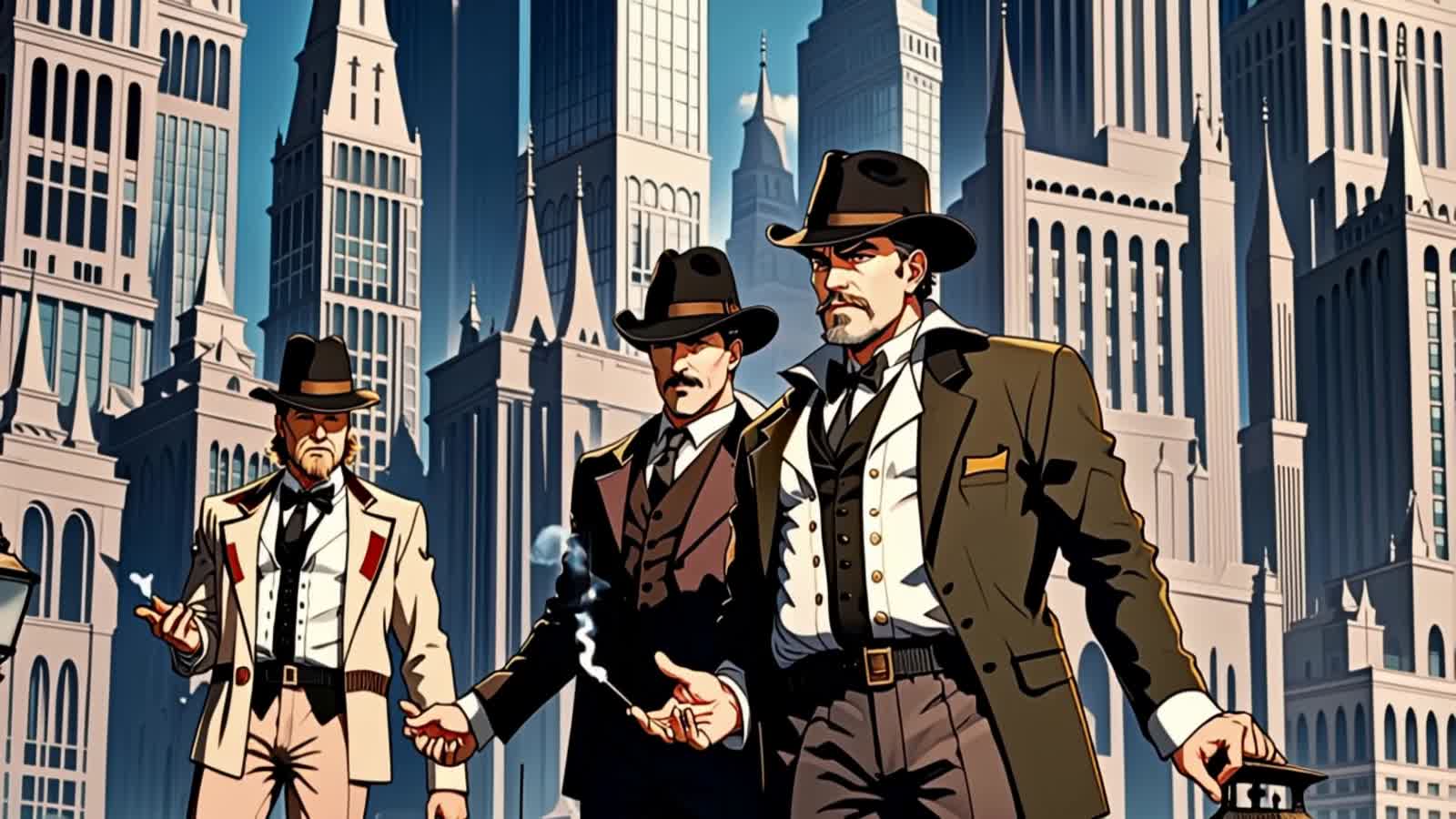 An Art Deco-style illustration, presented as a medium shot, featuring three sharply dressed gangsters standing within a ...