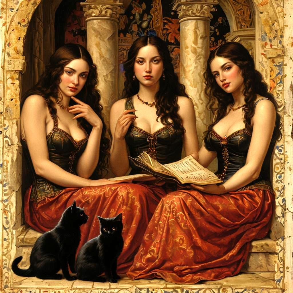 Medieval Manuscript Illustration: Beautiful Ladies and Kitte...