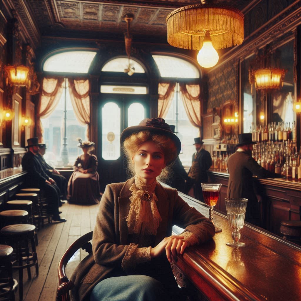 A woman sitting in a 1890s New York saloon