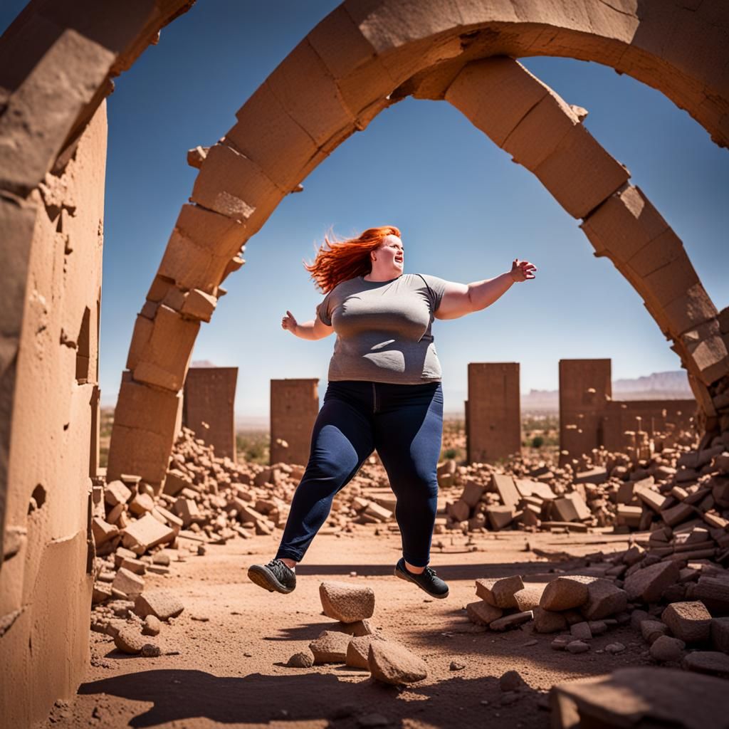A shapely overweight redhead woman flies over the post atomi...
