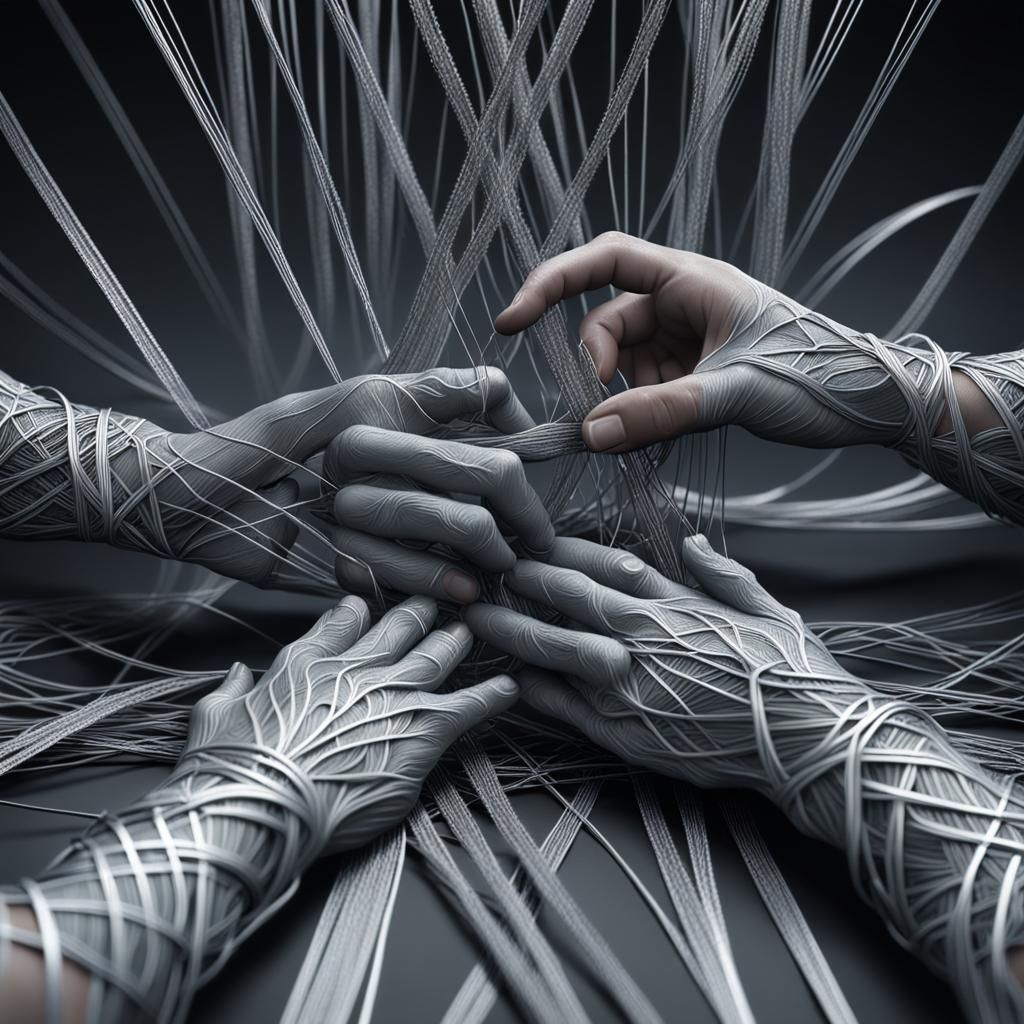two hands weaving silver threads between them. background in...