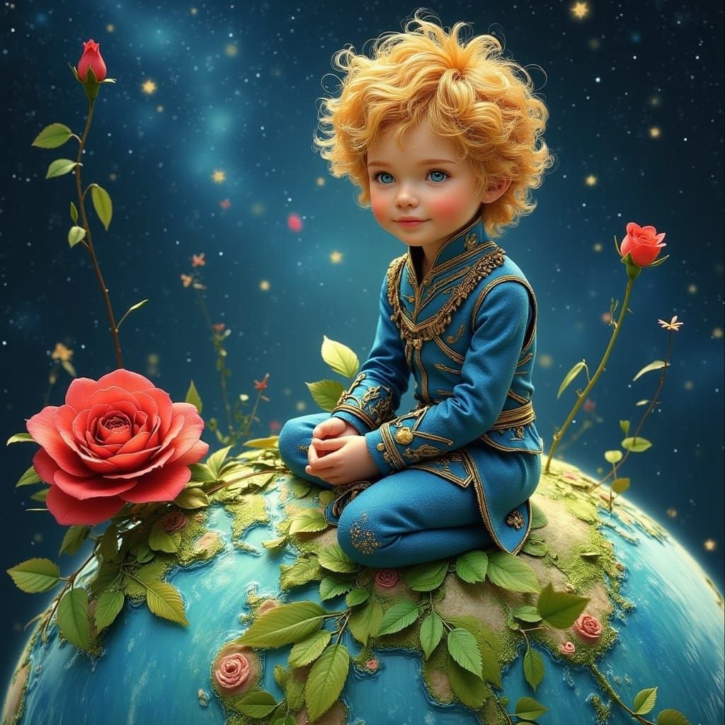 <lora:FANTASY WORLD FLUX:1.0> the little prince with blonde hair and blue uniform sitting on a planet earth, next to a single red rose, univ...