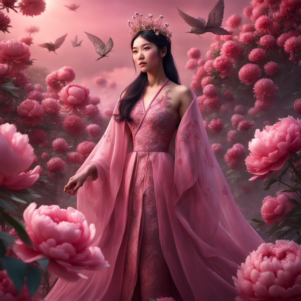 hyperrealistic asian woman in a peony world, with wings, beautiful ...