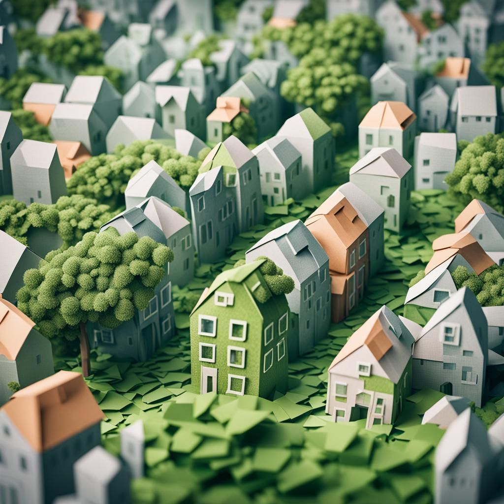 Overgrown city covered in vines licallions Origami paper fol...