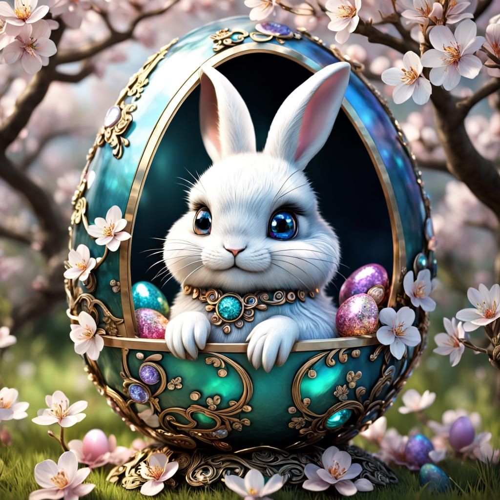 Whimsical Chibi Rabbit Inside Faberge Egg in Spring Meadow
