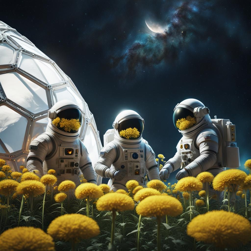 Three Men In Spacesuits Tending To The Dandelions In A Geodesic Dome Of 