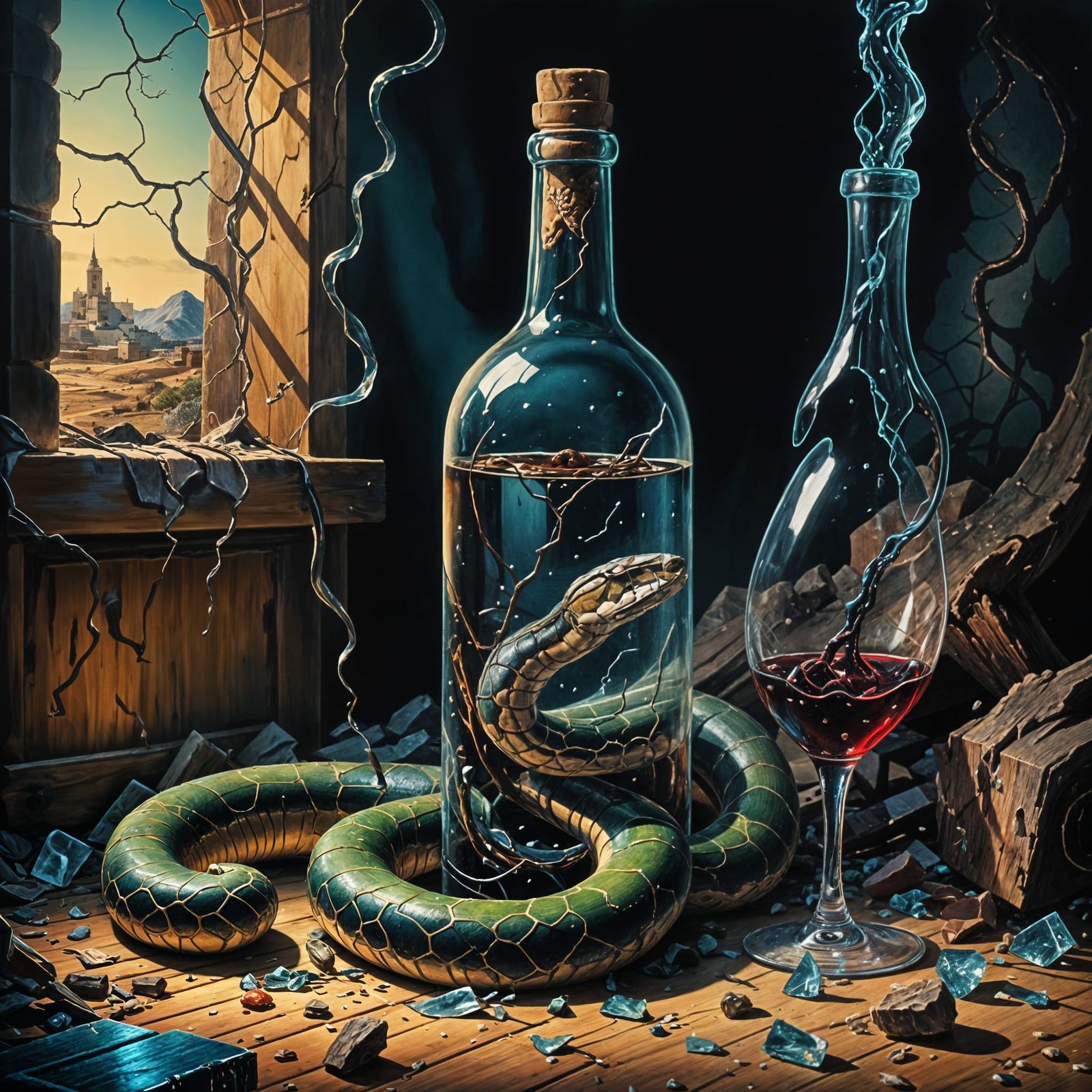 Snake Emerges from a Broken Wine Bottle