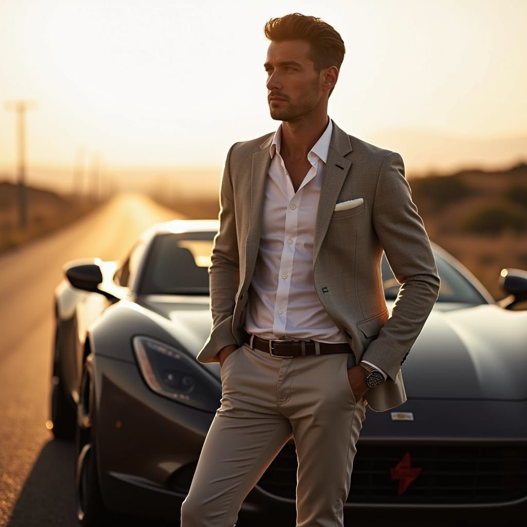 Man and Sleek Sports Car at Sunset