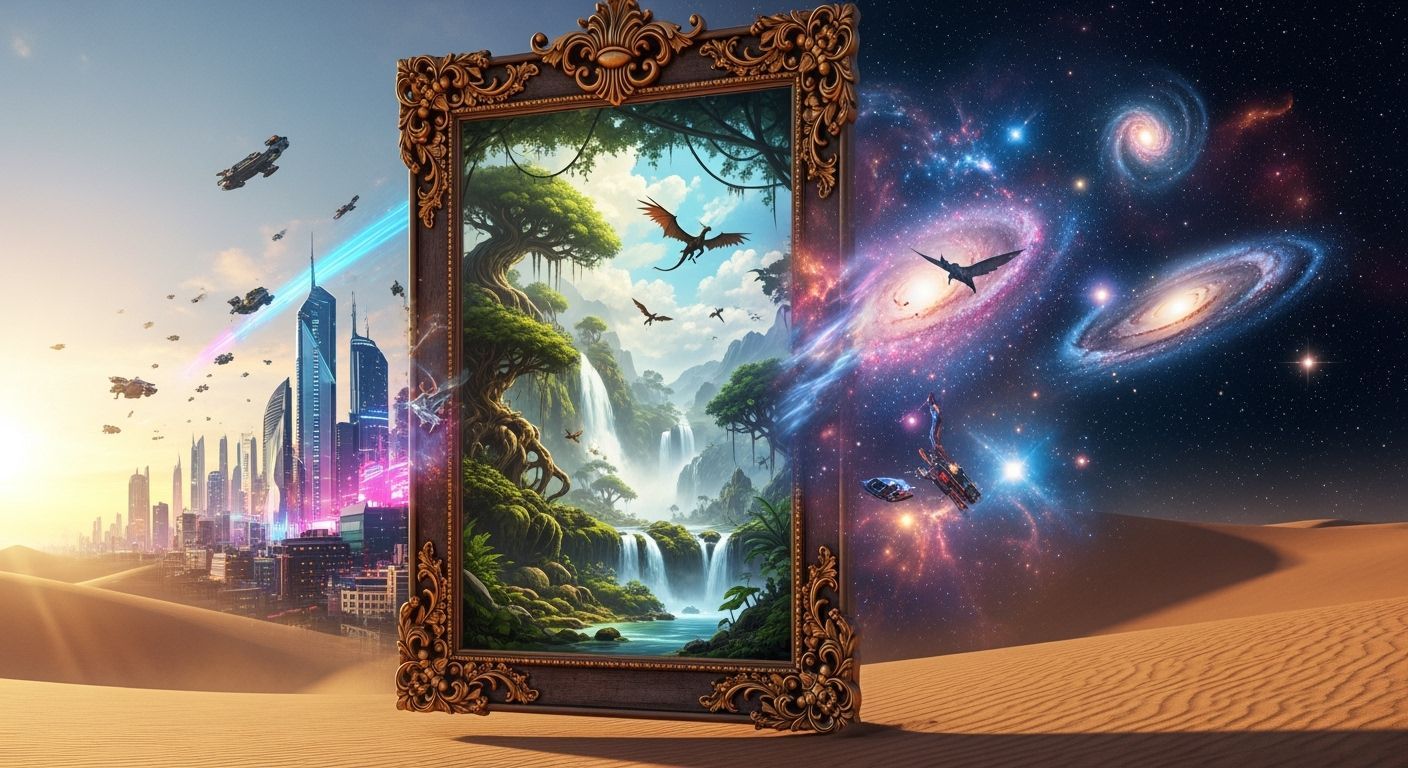 A giant ornate mirror floating in the desert, but instead of reflection it shows an alternate reality ...  by @JADE