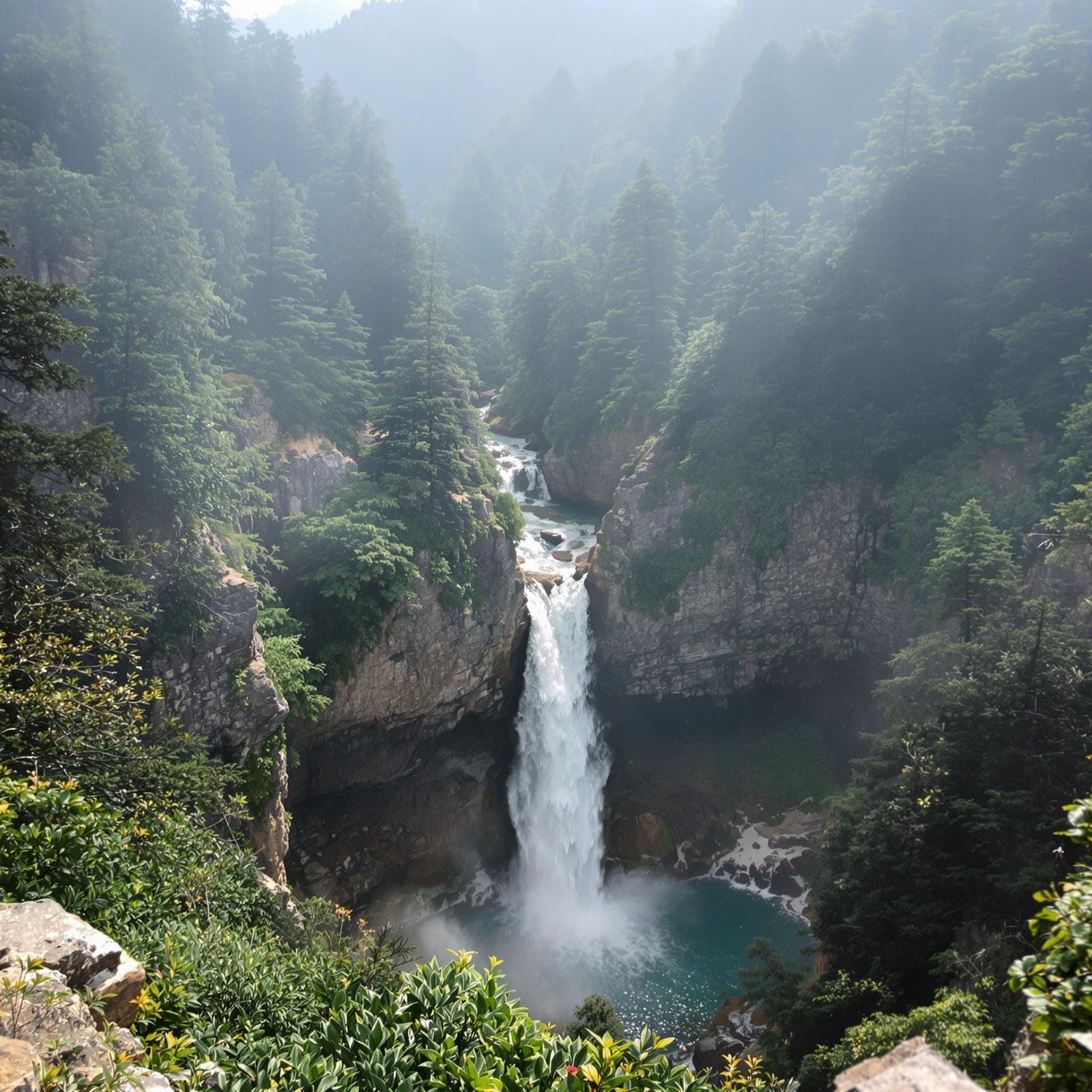 Serene Waterfall in a Mountain Forest Landscape