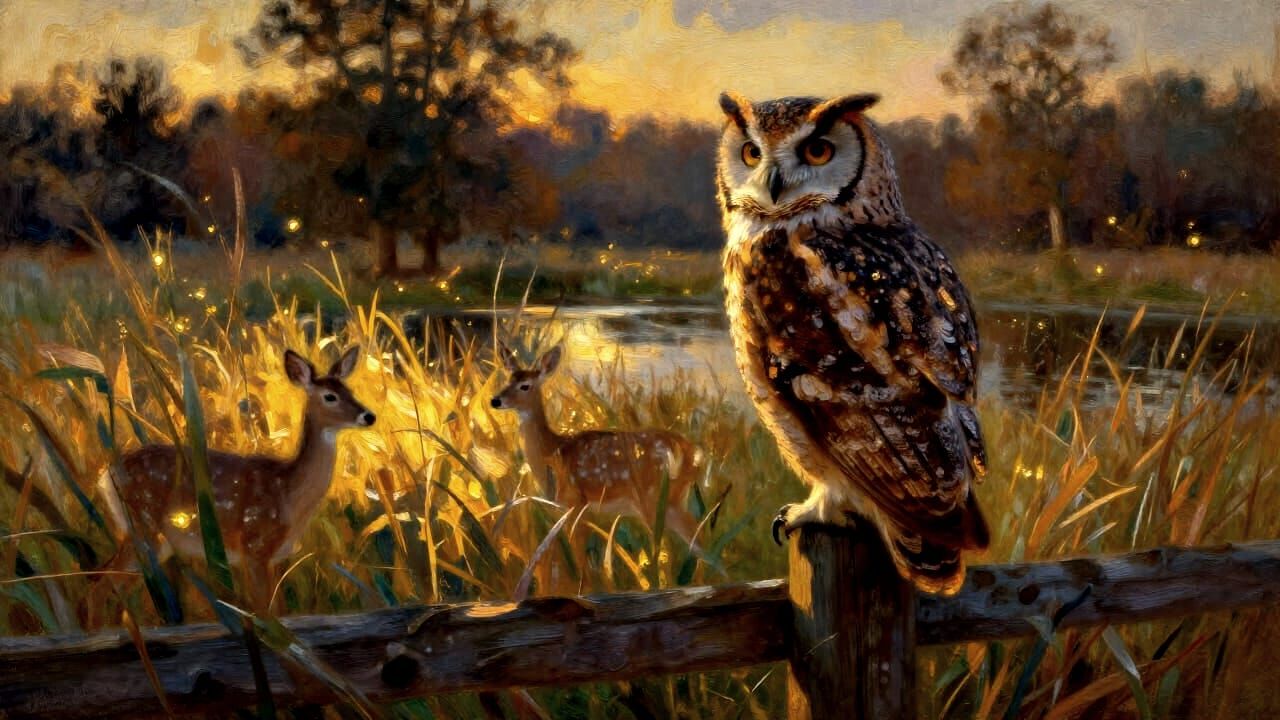 Majestic Owl in Golden Hour Meadow, Painterly Realism