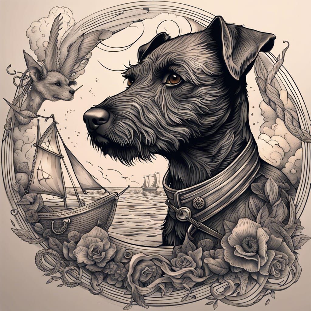 Line art tattoo design with a Patterdale Terrier and old sailor / black and white  by @undefined