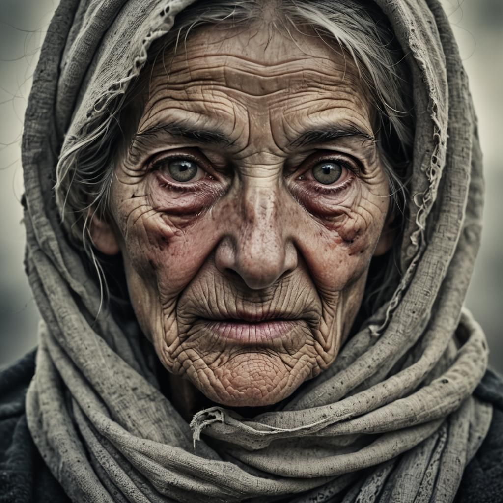 Eine alte Frau mit Kopftuch ohne Zähne schaut traurig und es läuft ihr eine Träne übers Gesicht   by @Lisejana 