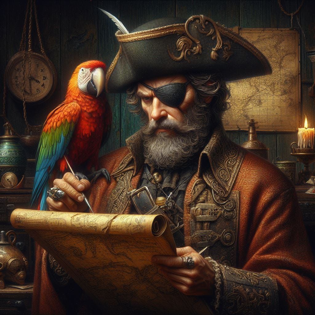 Pirate camptain writing a treasur map
