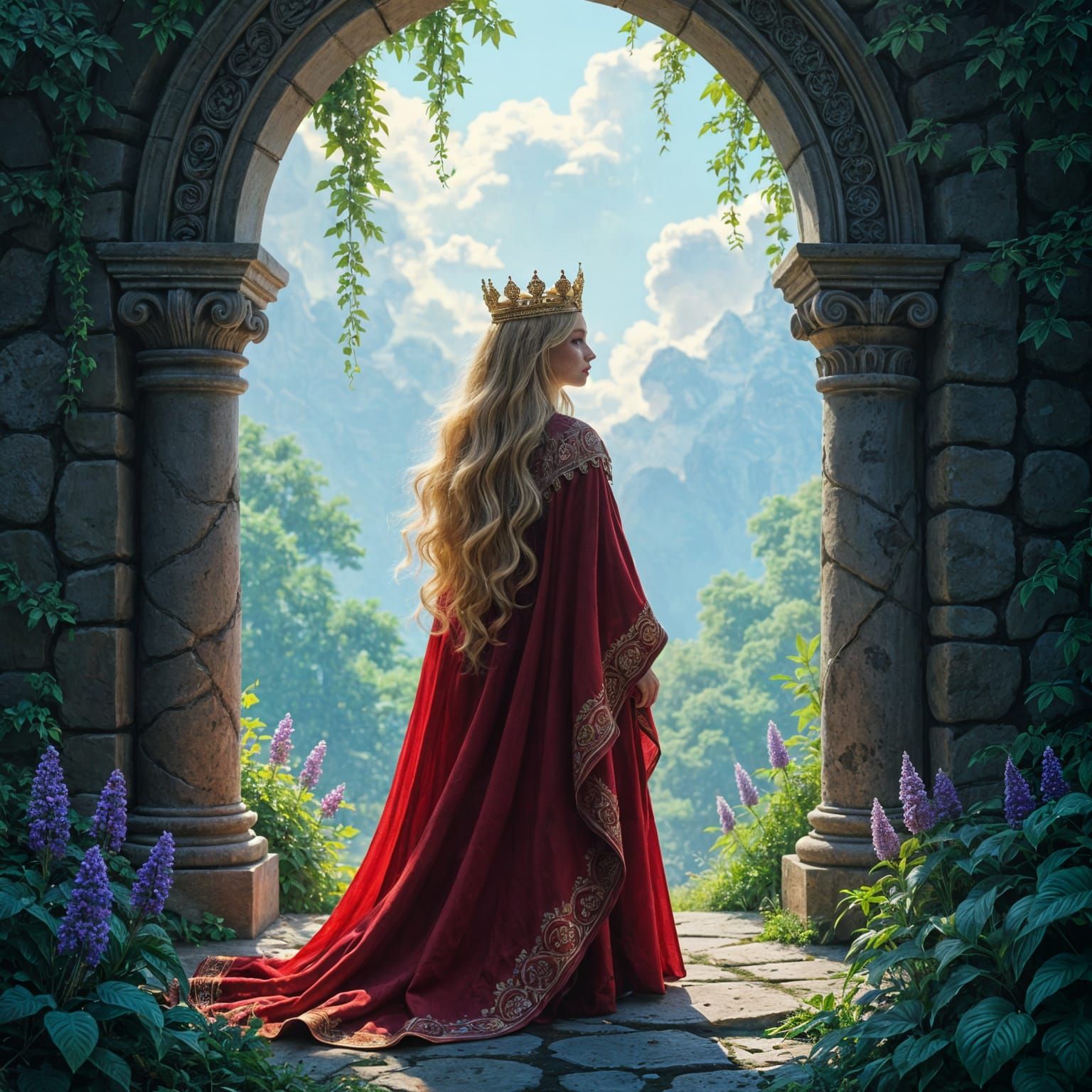 This is a detailed and realistic painting of an ancient stone archway, framed by lush green foliage and vibrant purple flowers. The archway,...