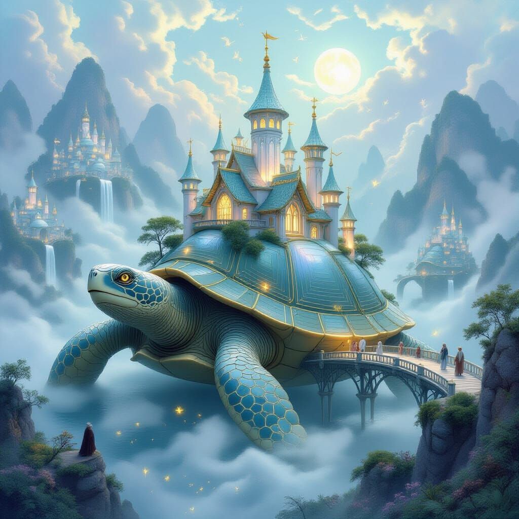 An ancient city lost in the clouds, built on the backs of giant, sleeping turtles. The houses and towers are made of glowing mother-of-pearl...