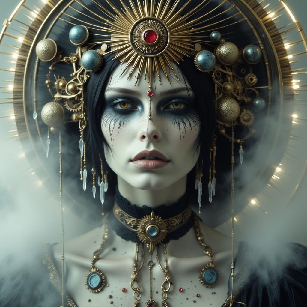 Gothic Queen in Ethereal Mist: Steampunk Art Deco Portrait