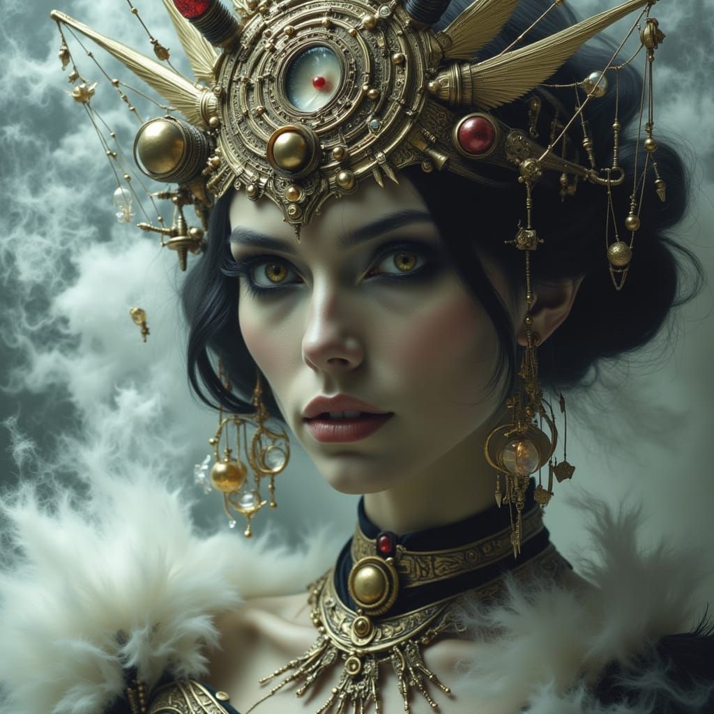 Gothic Queen Portrait in Ethereal Mist, Steampunk Art Deco S...