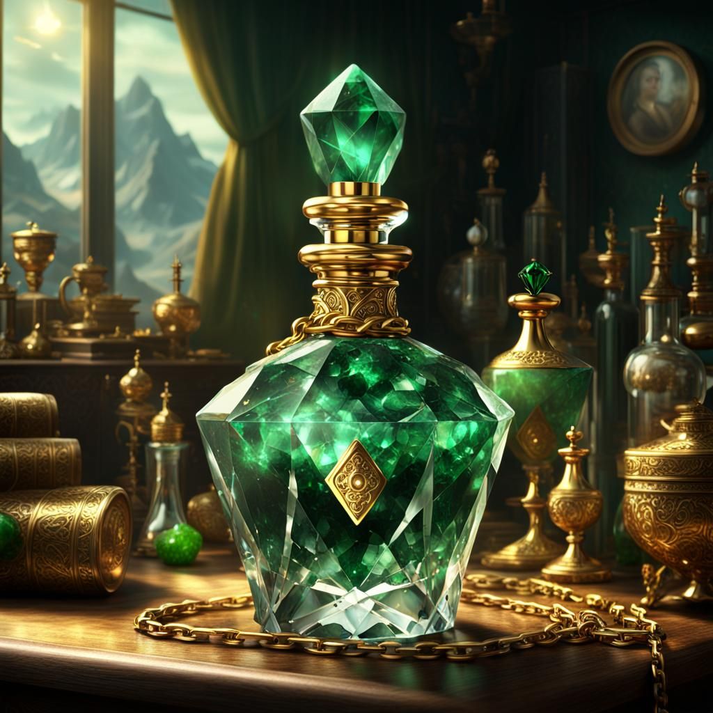 "Lady Luck" Labelled diamond crystal potion bottle, golden c...