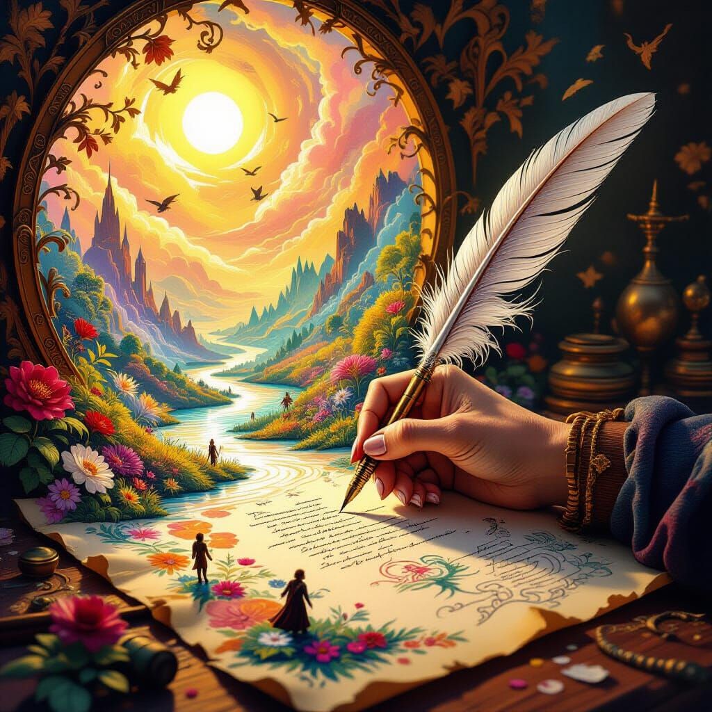 An illustratior creating a world using a quill. The world is in color and coming off the page as it becomes ...  by @undefined