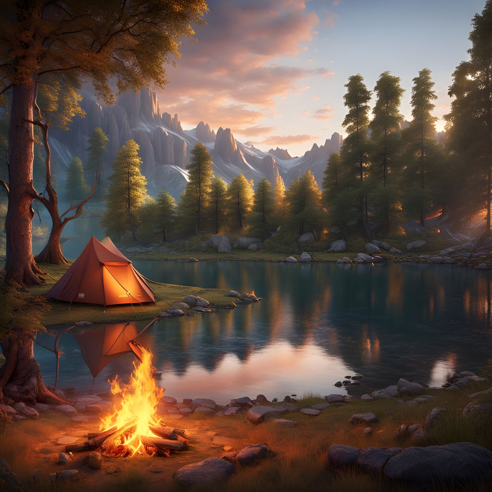 The perfect place to camp with a tent by a lake with trees, ...