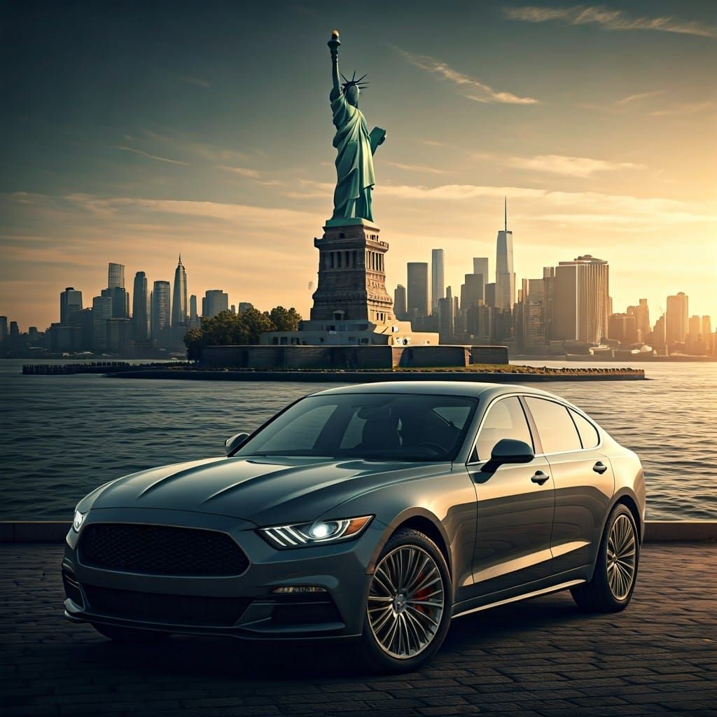 Luxury Car with Statue of Liberty View