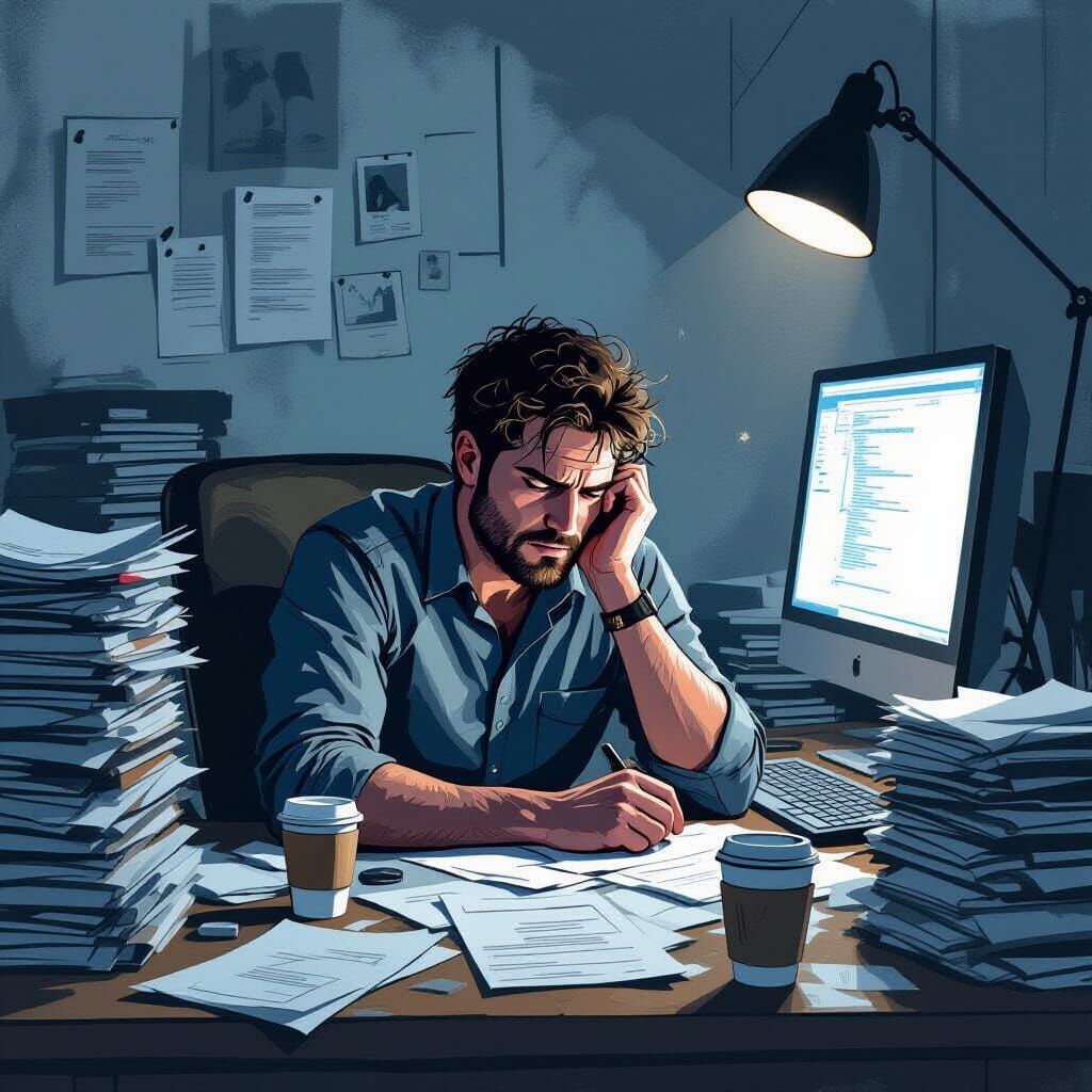 Illuminati card game. Drawn illustration of someone working around the clock. Text: The Grind