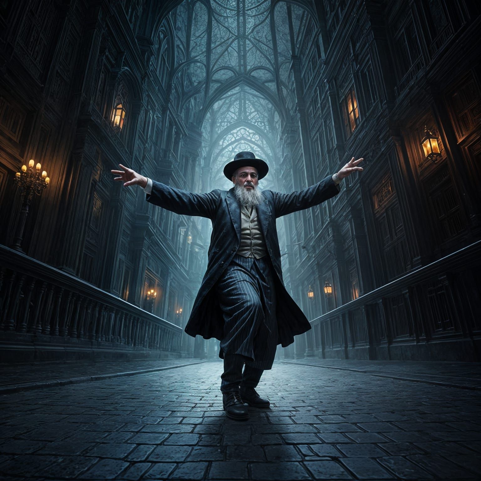 Orthodox Rabbi Dancing with Fear in Vibrant Fantasy Scene