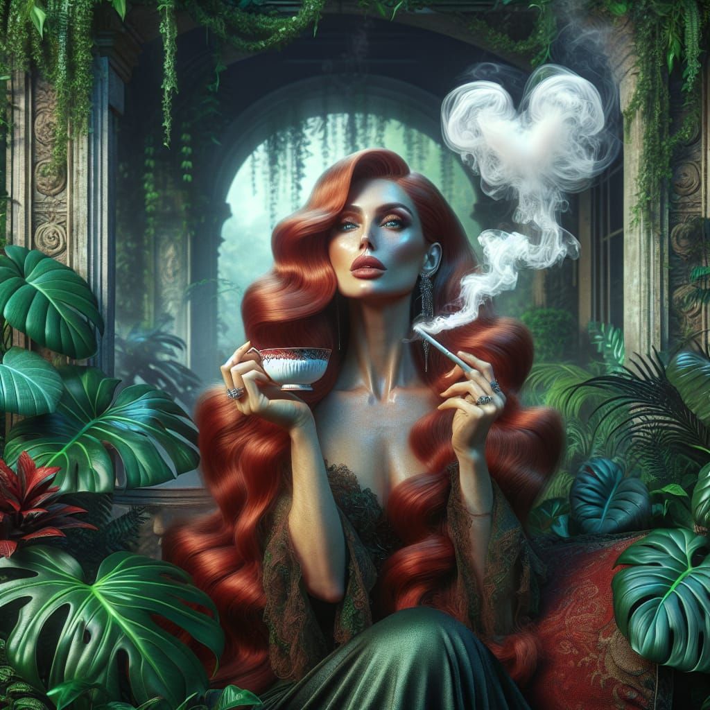 Woman on Porch with Heart-Shaped Tea Smoke