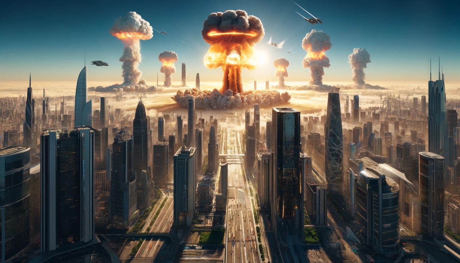 multiple atomic bomb detonations over the futuristic mega-city