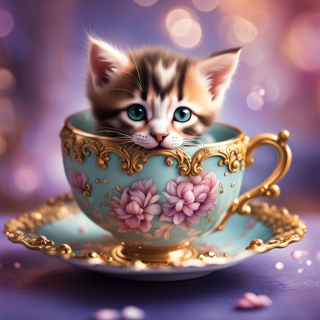 Cute Kitten in a fleur de lis teacup  by @Heavy metal fleur de lis