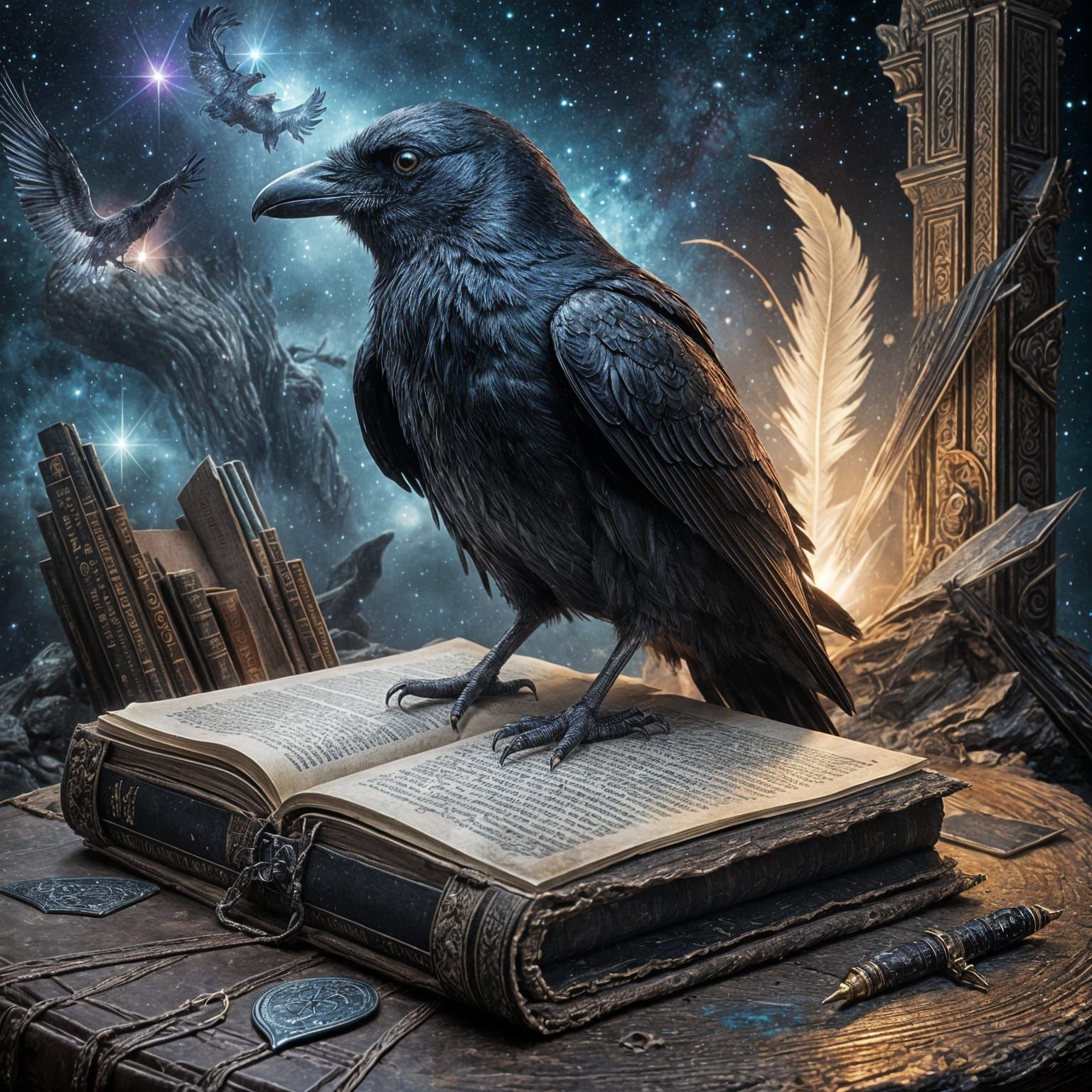 A wise old raven perched atop a colossal, ancient tome, its pages filled with forgotten lore. The raven's ...  by @Maia