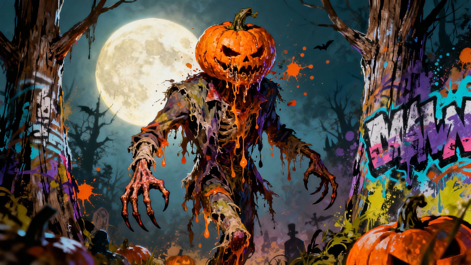 A creepy tall thin disintegrating pumpkin man in tattered clothes, with rotting melting face and clutching long claws stalking through a hau...