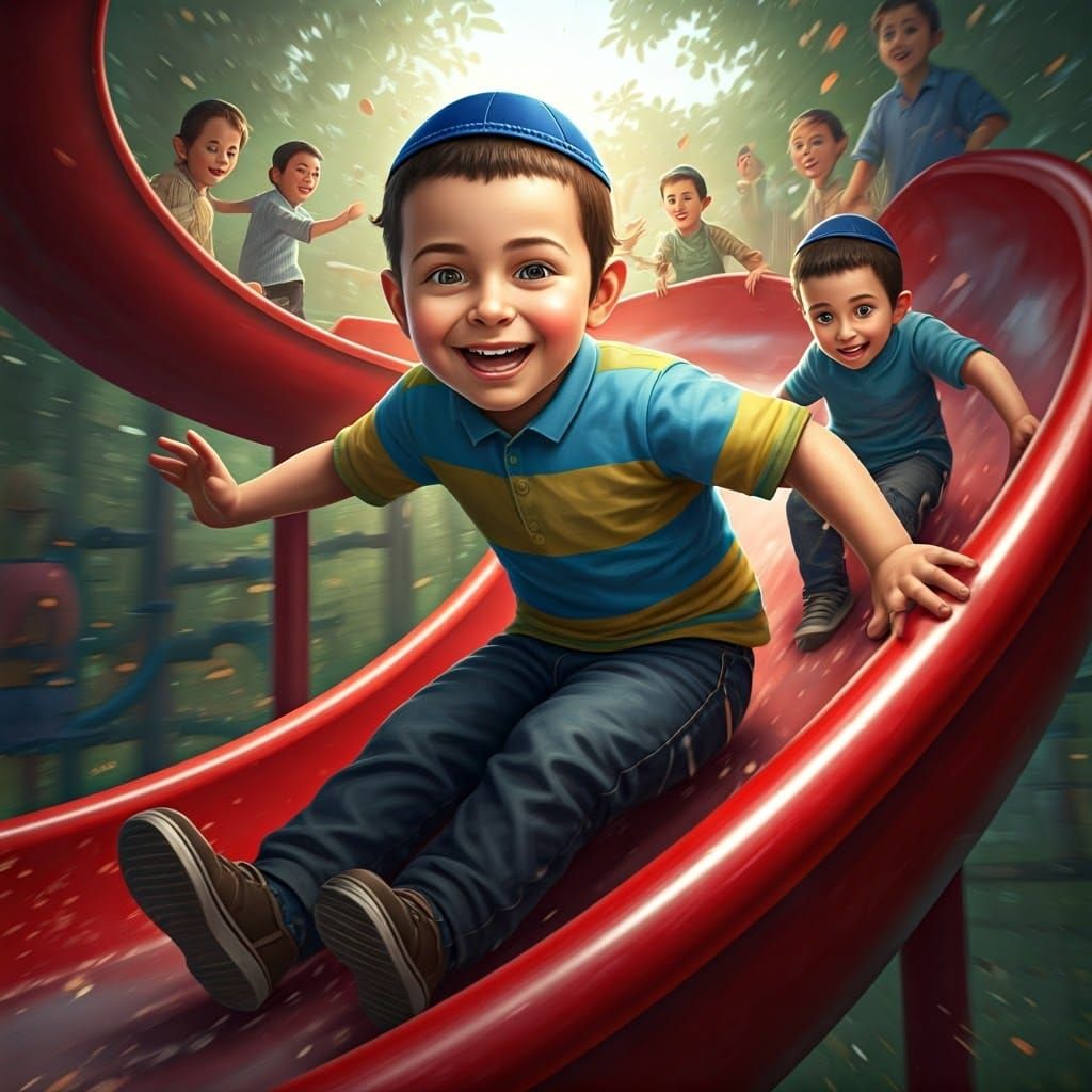 Joyful Orthodox Boy Zooms Down A Colorful Playground Slide
