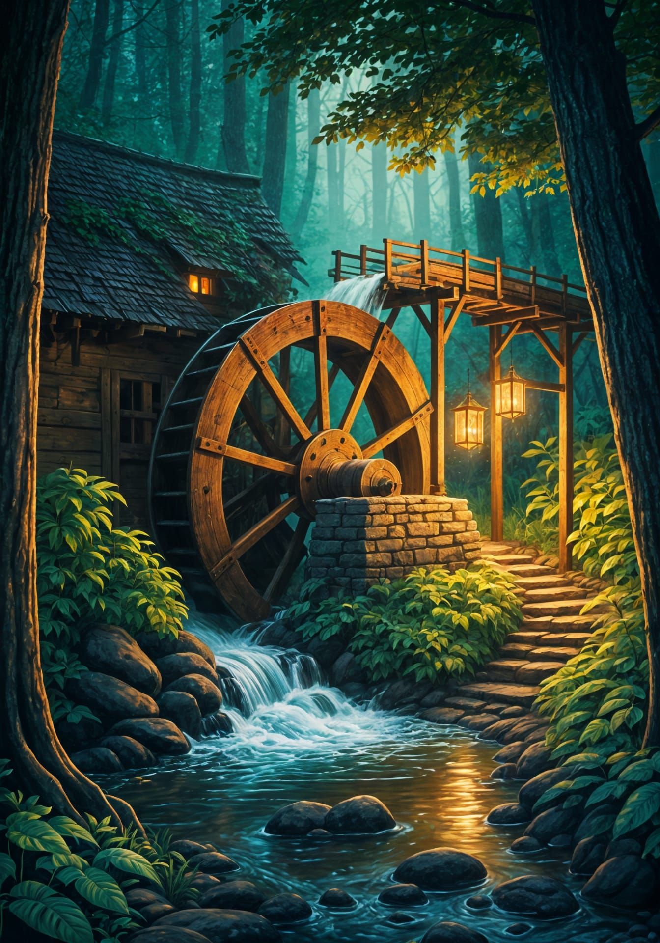 Hyper realistic wooden paddles catching the flow of a crystal-clear water stream in an isolated forest ...  by @Showy