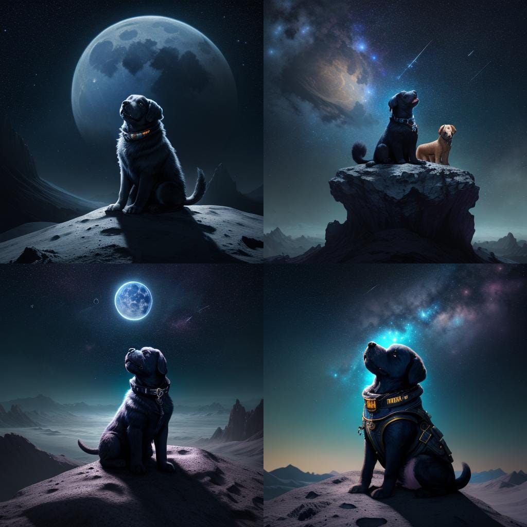 Make a cute puppy that is sitting on the moon and looking up...