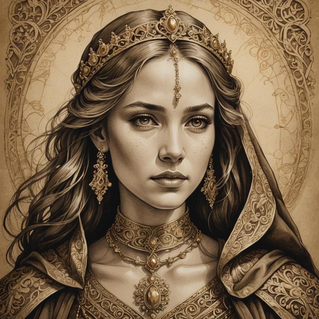 sepia sketch, detailed portrait, weathered paper, colored, a medieval princess